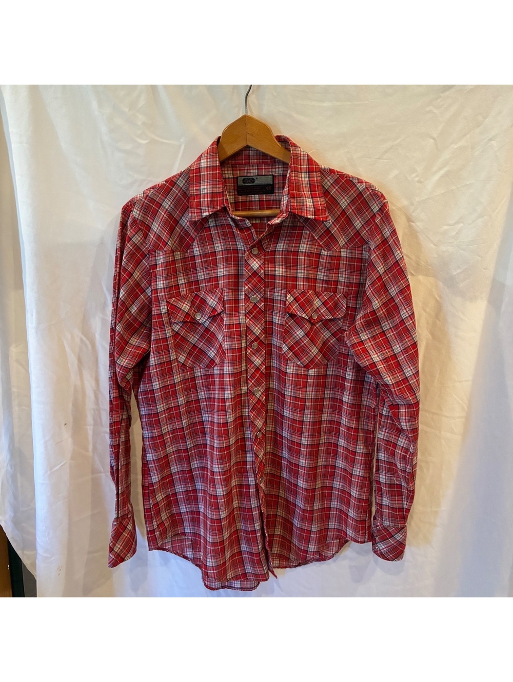 Vintage VIP Western Shirt Mens Med Red White Plaid Pearl Snap Cowboy Long Sleeve